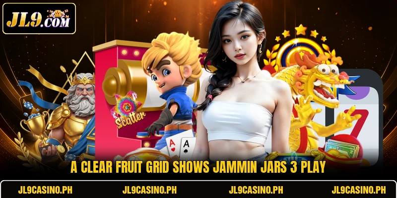 A clear fruit grid shows Jammin Jars 3 play A clear fruit grid shows Jammin Jars 3 play